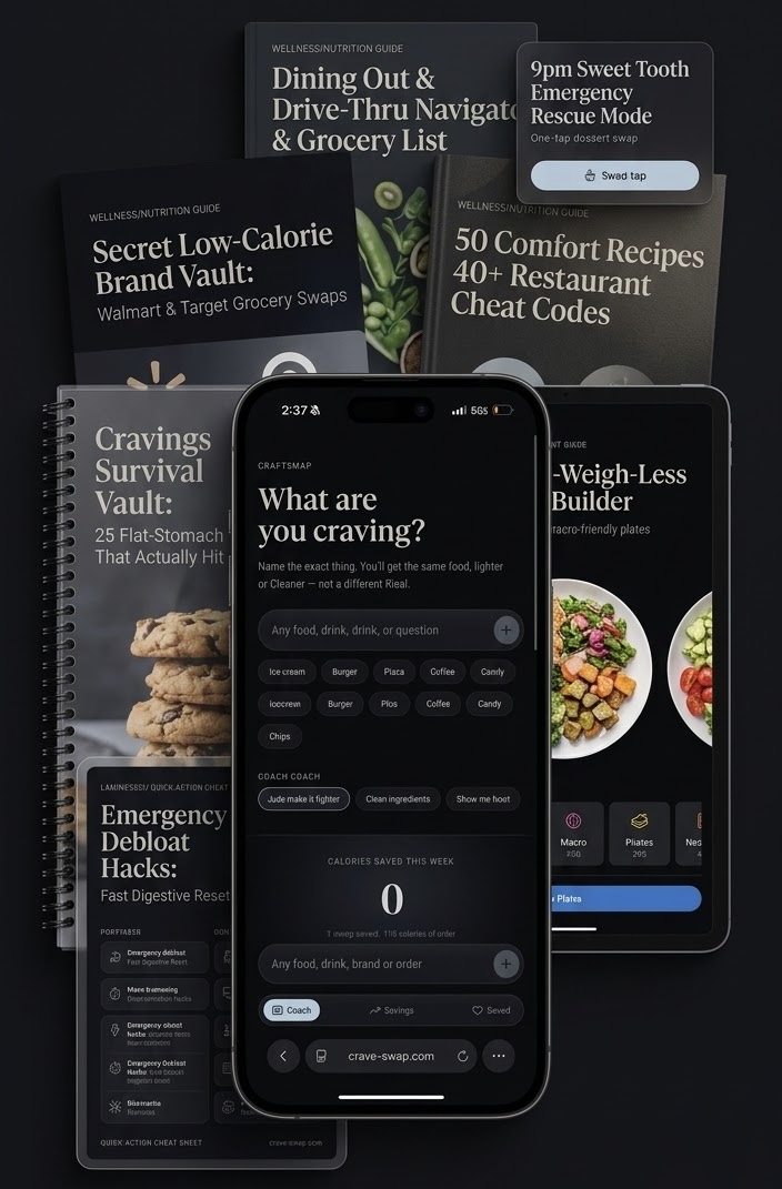 CraveSwap shown on a phone with the dining out, brand vault, recipe, meal builder, cravings, and debloat guides